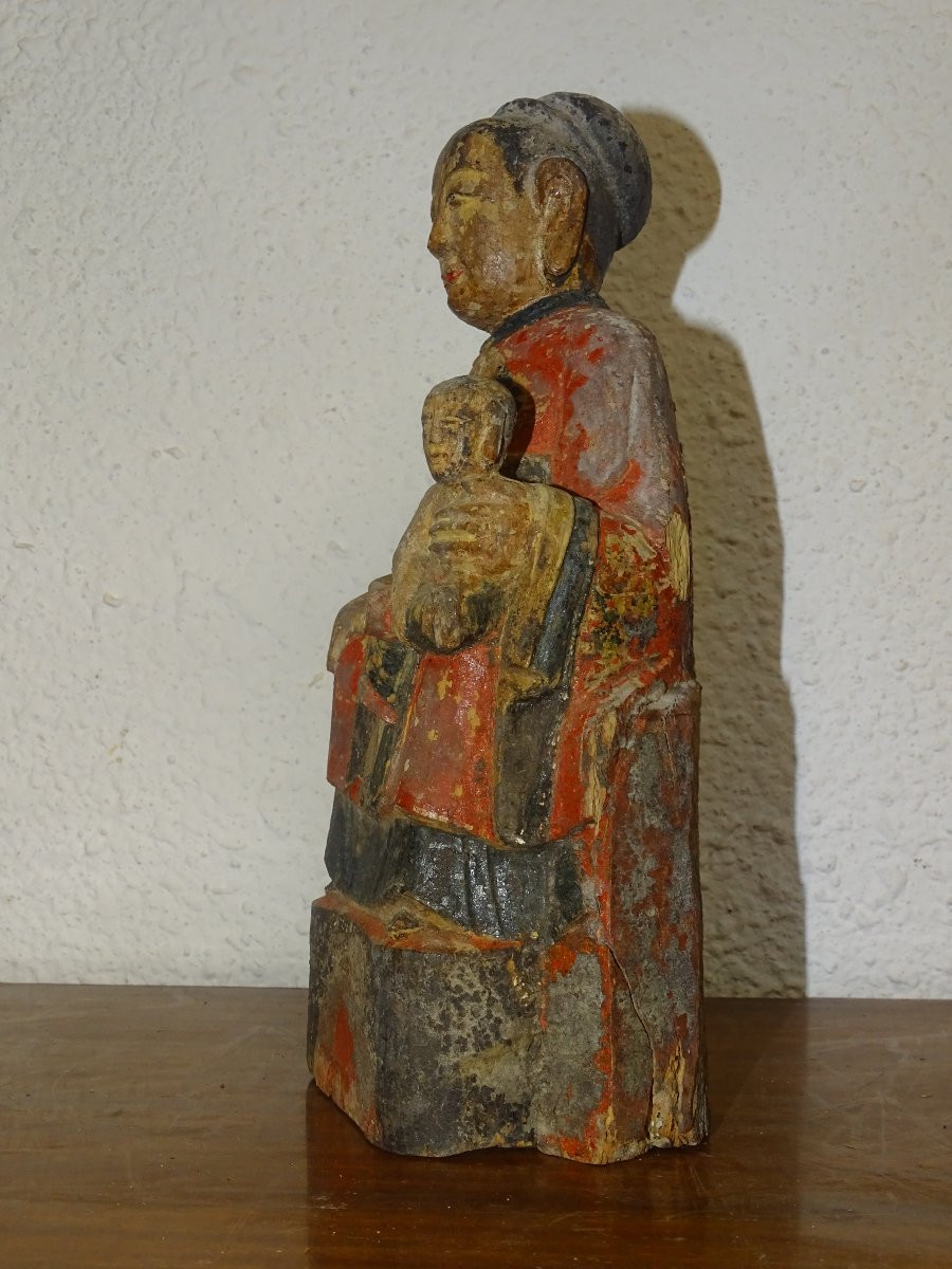 Polychrome Wooden Statue Known As Maria Kannon, Japan 19th Century, Buddha.-photo-3