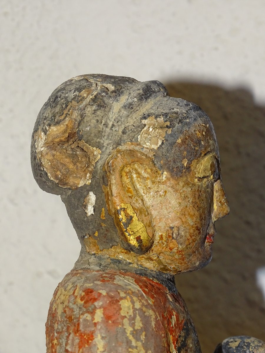 Polychrome Wooden Statue Known As Maria Kannon, Japan 19th Century, Buddha.-photo-2