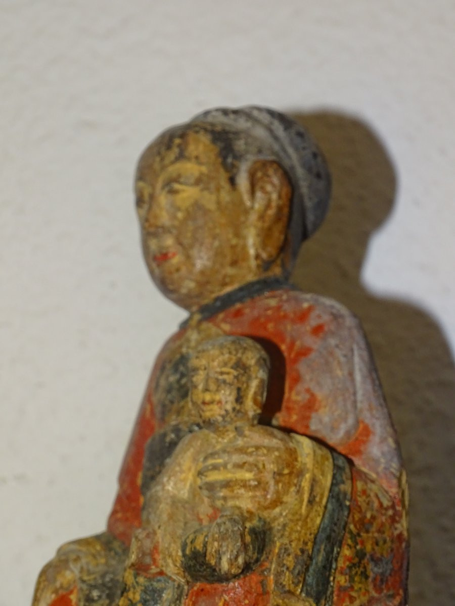 Polychrome Wooden Statue Known As Maria Kannon, Japan 19th Century, Buddha.-photo-3