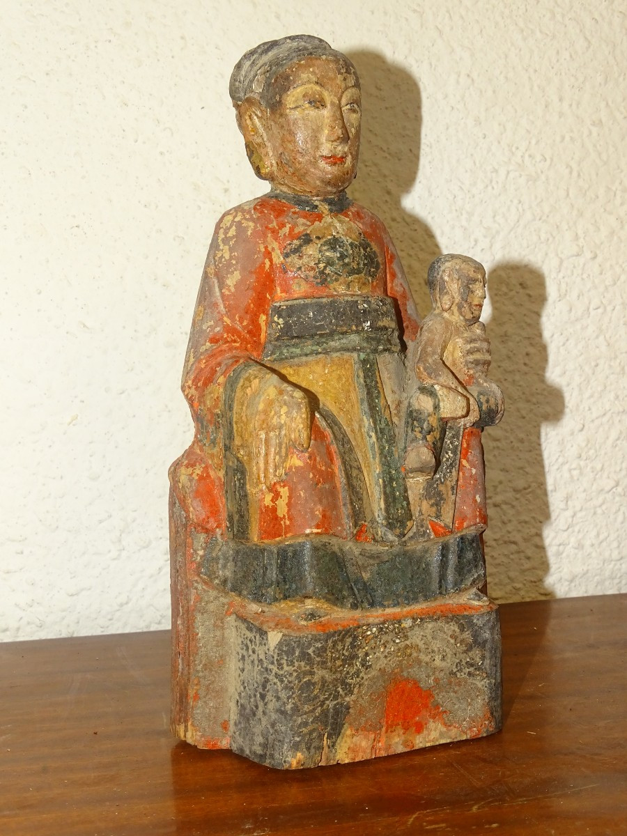Polychrome Wooden Statue Known As Maria Kannon, Japan 19th Century, Buddha.