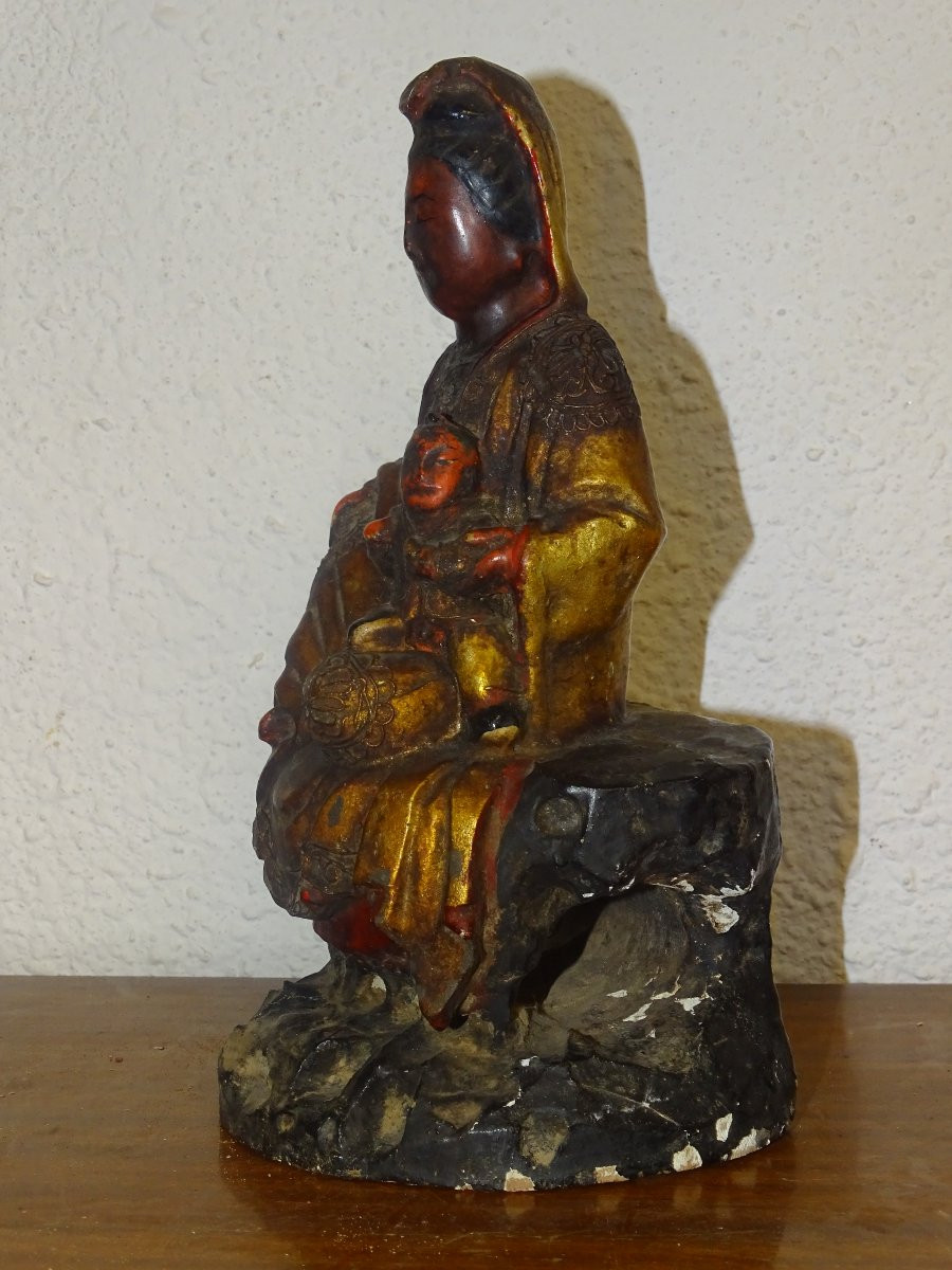 Gilded And Silver Wooden Statue Known As Maria Kannon, Japan 19th Century, Buddha.-photo-3