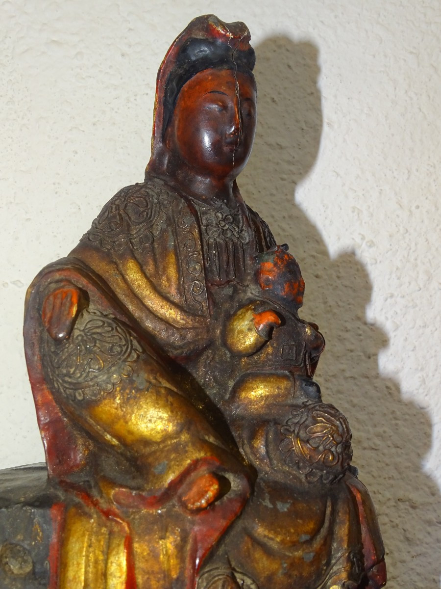 Gilded And Silver Wooden Statue Known As Maria Kannon, Japan 19th Century, Buddha.