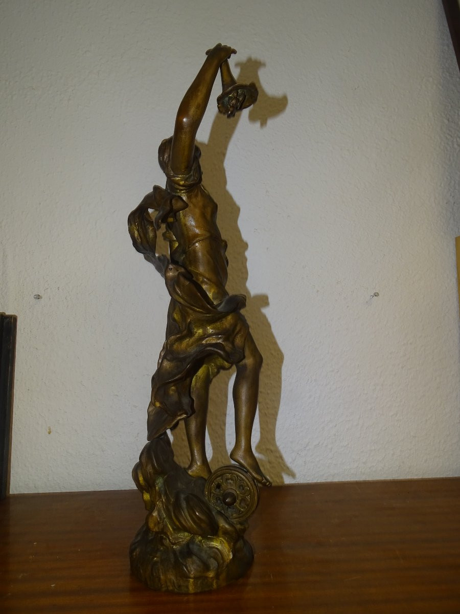 Large Patinated Bronze Regule Statue Of Fortune, Signed Louis Auguste Moreau-photo-4