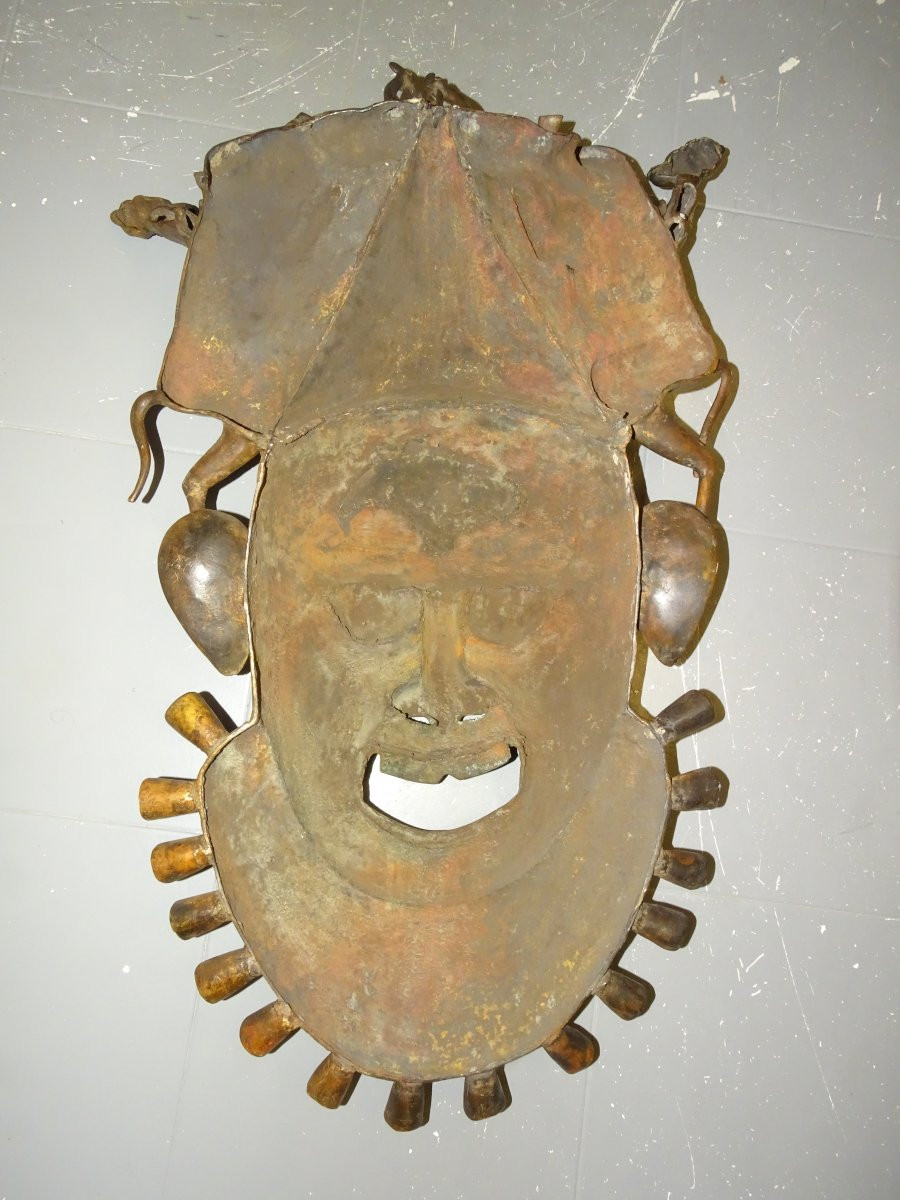Grand masque Bamoun en bronze, cameroun, 87 cm-photo-7
