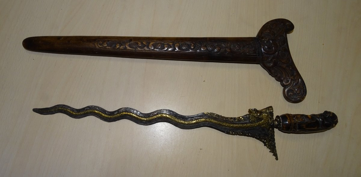 Kriss Or Kreiss, Dagger, Sword, Indonesia, Damascus Blade With Sheath, Late 19th Century.-photo-2
