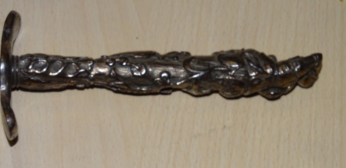 Toledo Virtue Dagger Or Other, Engraved Blade, Silvered Bronze Handle-photo-3