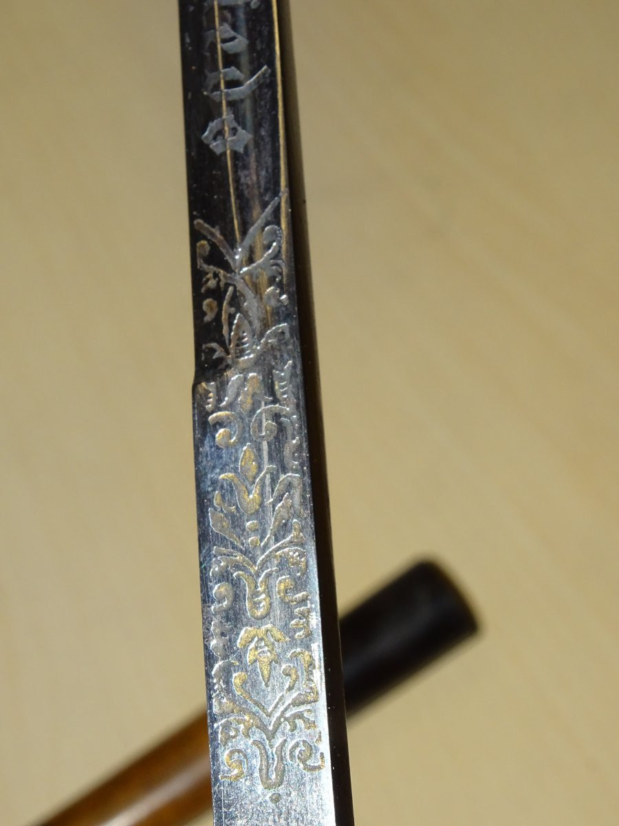 Toledo Virtue Dagger Or Other, Engraved Blade, Silvered Bronze Handle-photo-4