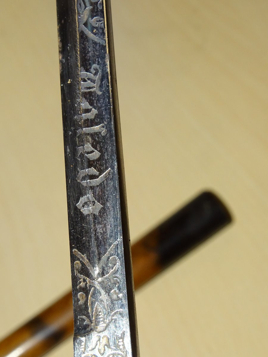 Toledo Virtue Dagger Or Other, Engraved Blade, Silvered Bronze Handle-photo-1