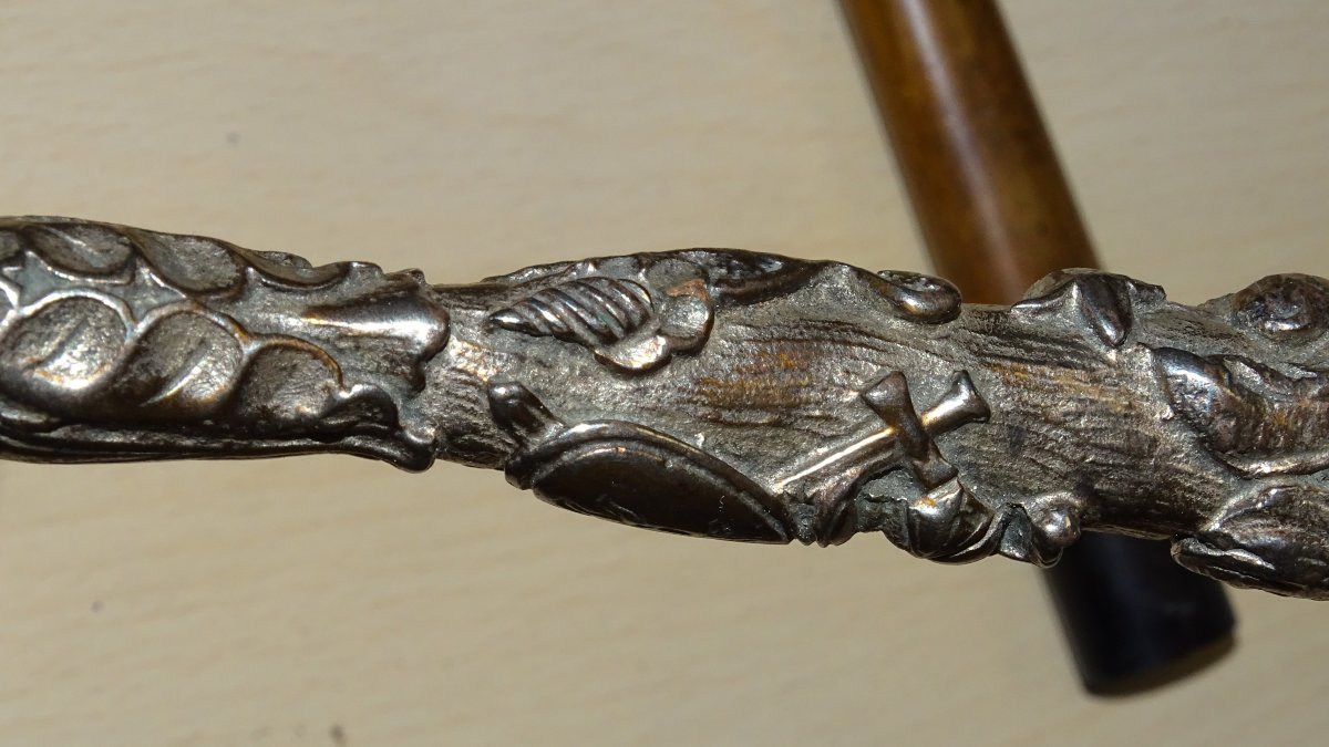 Toledo Virtue Dagger Or Other, Engraved Blade, Silvered Bronze Handle-photo-4