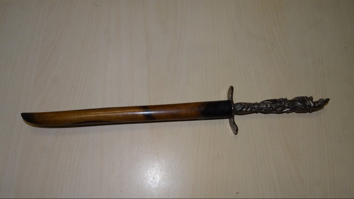 Toledo Virtue Dagger Or Other, Engraved Blade, Silvered Bronze Handle-photo-7