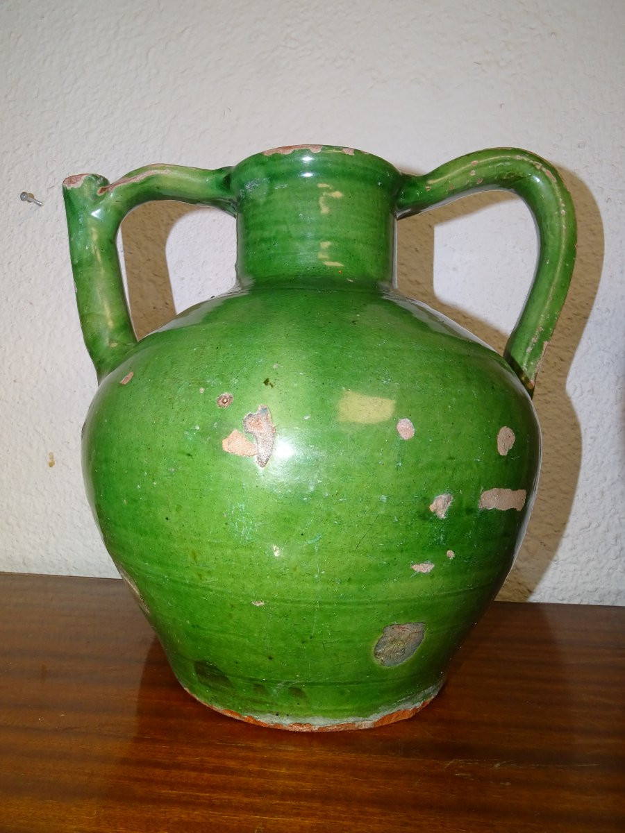  ORJOL ou GARGOULETTE Ancienne, Terre cuite vernissée Verte, Cruche, sud de la france, XIXème-photo-2