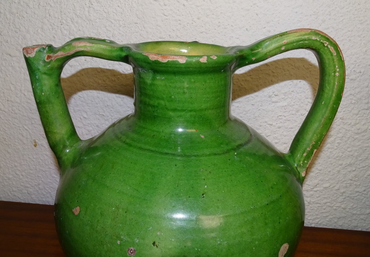  ORJOL ou GARGOULETTE Ancienne, Terre cuite vernissée Verte, Cruche, sud de la france, XIXème-photo-3