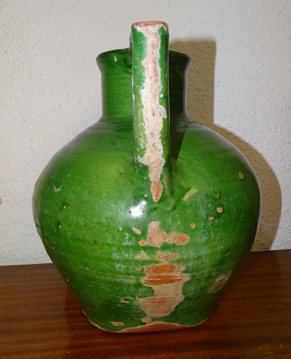  ORJOL ou GARGOULETTE Ancienne, Terre cuite vernissée Verte, Cruche, sud de la france, XIXème-photo-4