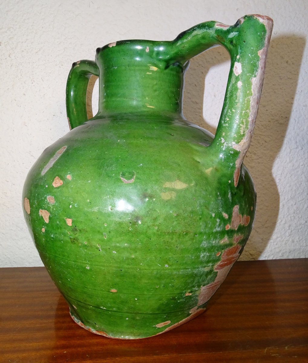 ORJOL ou GARGOULETTE Ancienne, Terre cuite vernissée Verte, Cruche, sud de la france, XIXème-photo-1