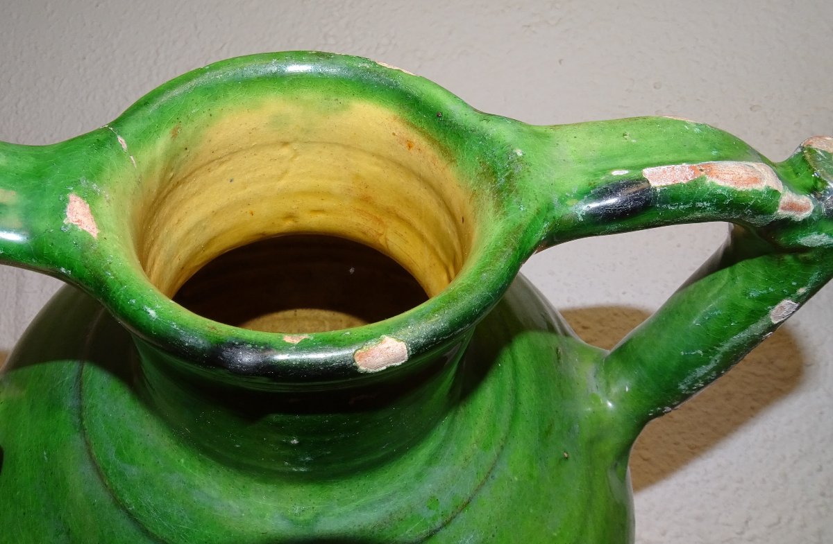  ORJOL ou GARGOULETTE Ancienne, Terre cuite vernissée Verte, Cruche, sud de la france, XIXème-photo-3