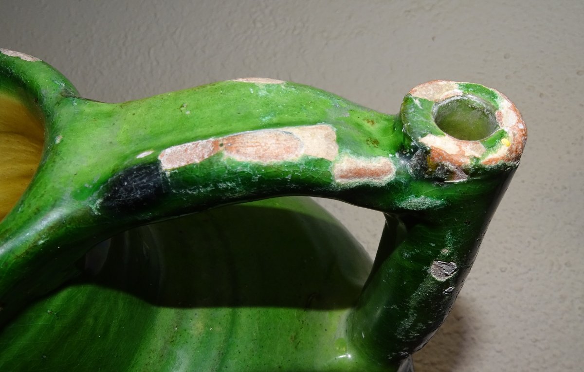 ORJOL ou GARGOULETTE Ancienne, Terre cuite vernissée Verte, Cruche, sud de la france, XIXème-photo-4