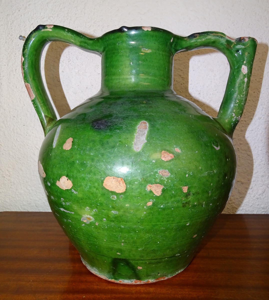  ORJOL ou GARGOULETTE Ancienne, Terre cuite vernissée Verte, Cruche, sud de la france, XIXème