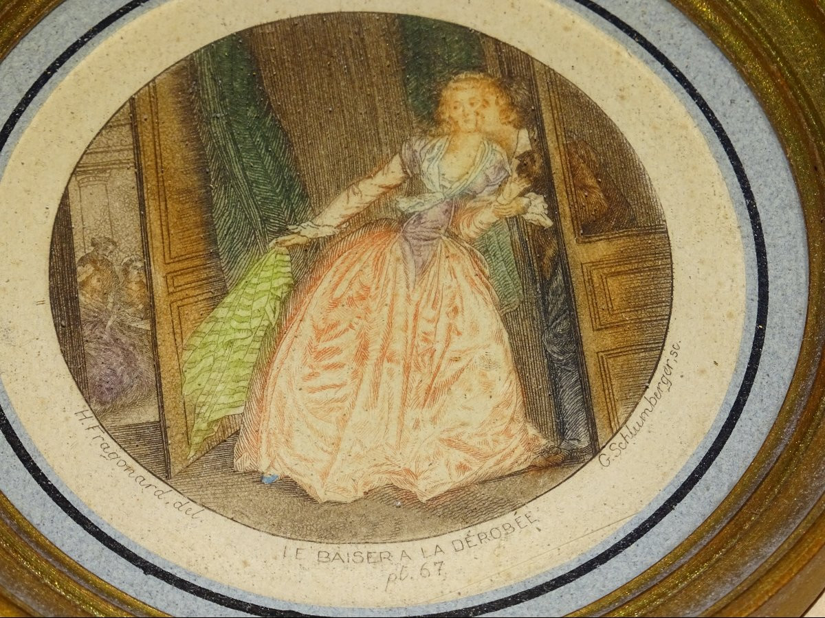4 19th Century Engravings, G.schlumberger, Fragonard, Gilded Frames-photo-3