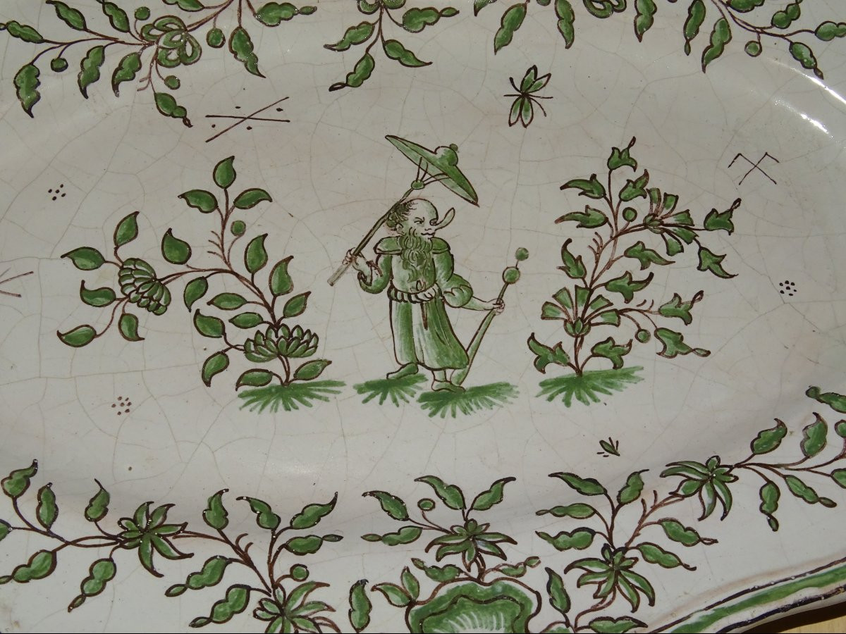 Moustiers Earthenware Oval Dish Signed L.c Character Flowers Foliage 18th Century-photo-2