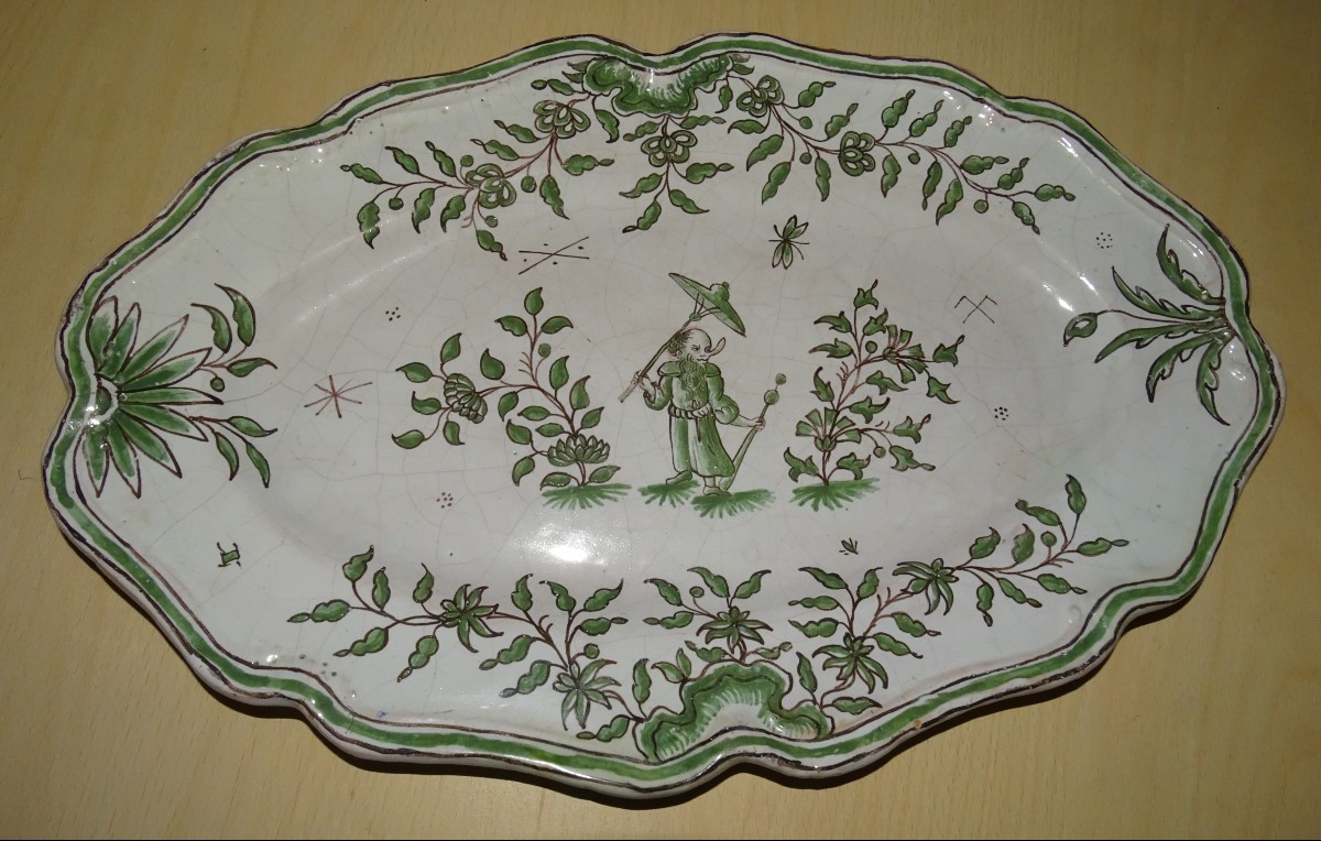 Moustiers Earthenware Oval Dish Signed L.c Character Flowers Foliage 18th Century