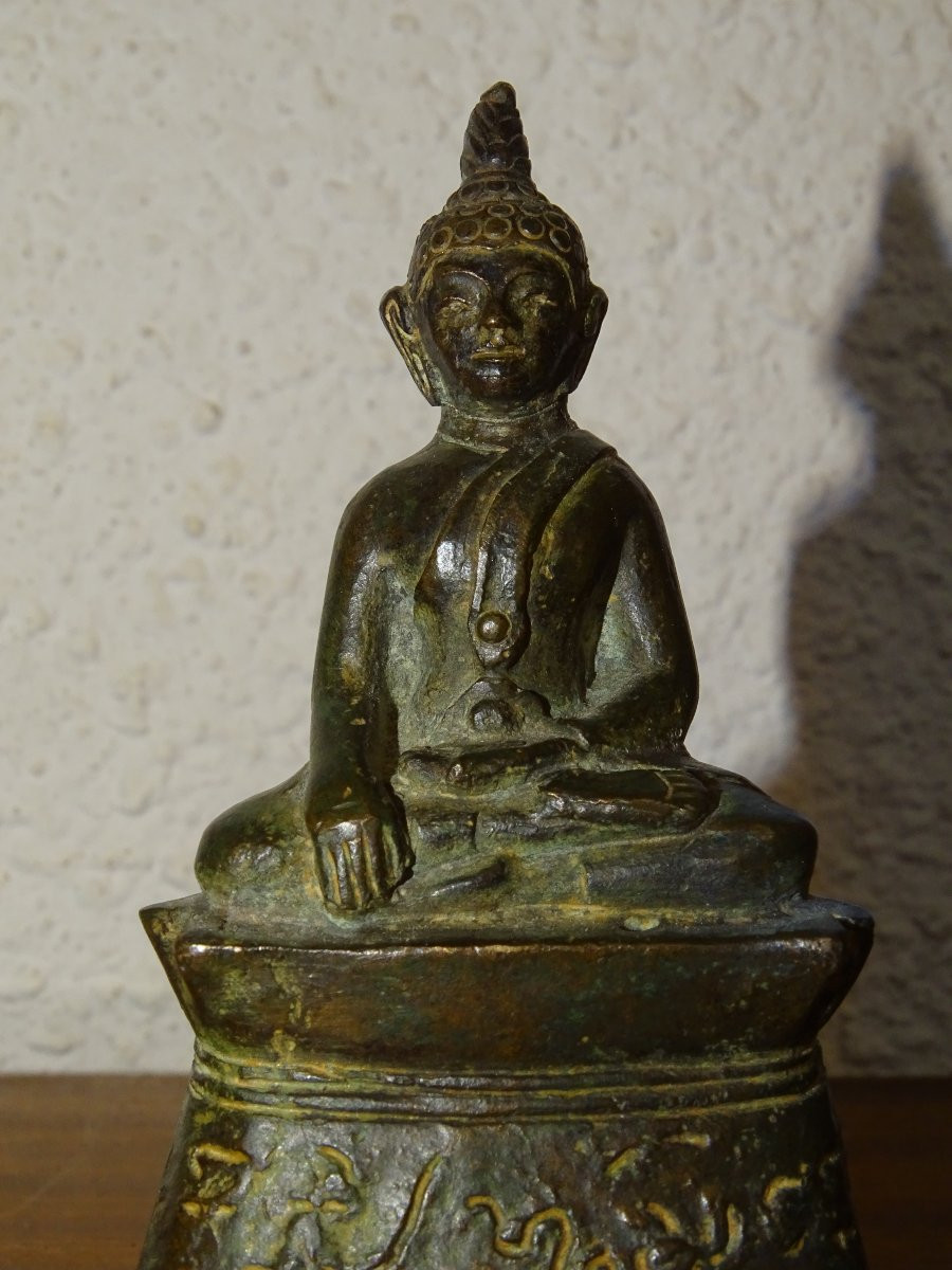 bouddha du laos, porte des inscriptions, statuette en bronze, XVIIIème-photo-2