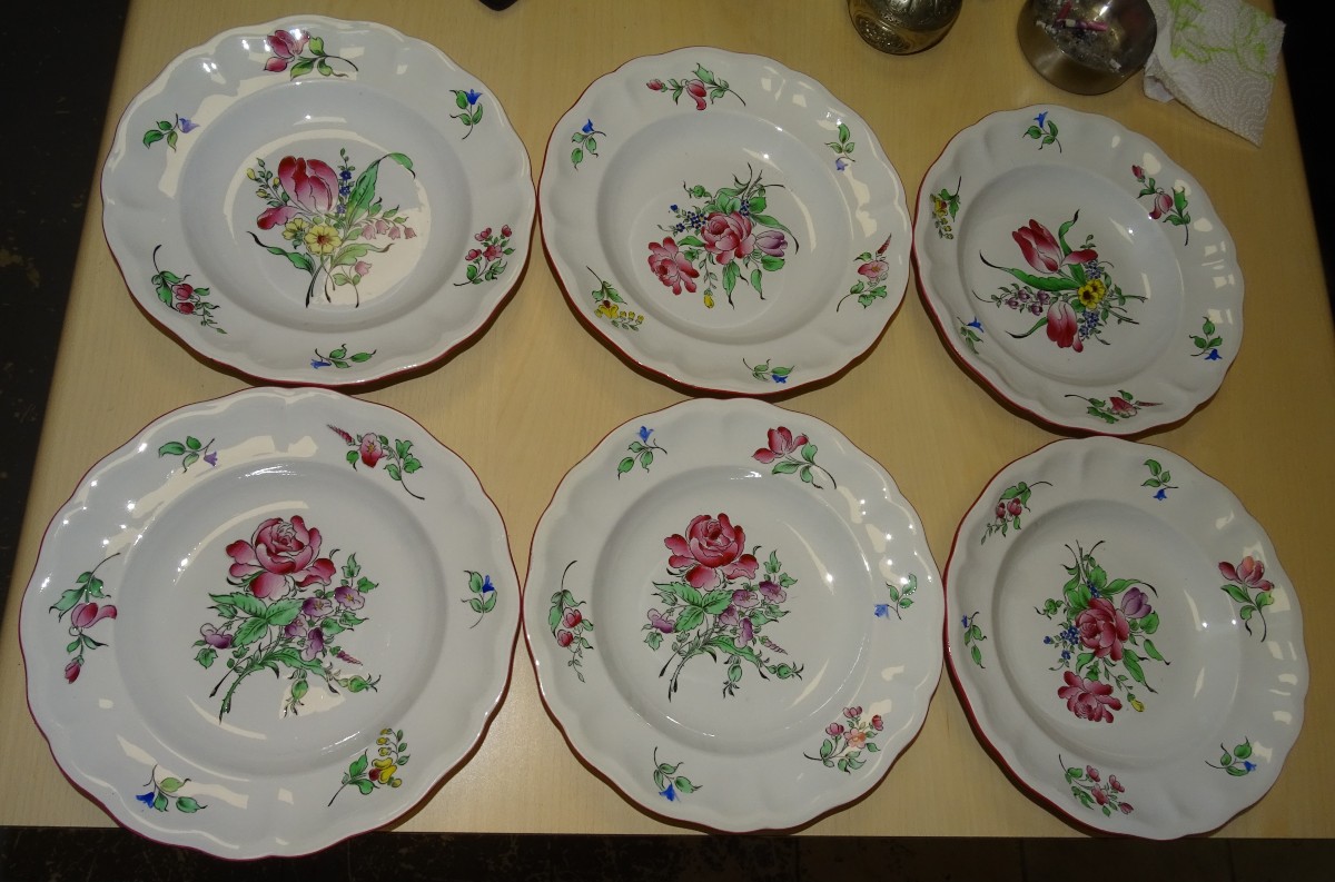 6 assiettes creuses en faïence de Lunéville KG décor Réverbère Ø 25 cm