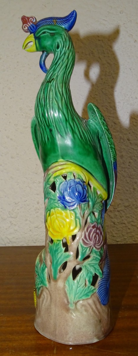 Enameled Chinese Porcelain Phoenix Birds, Signed, Mid 20th Century
