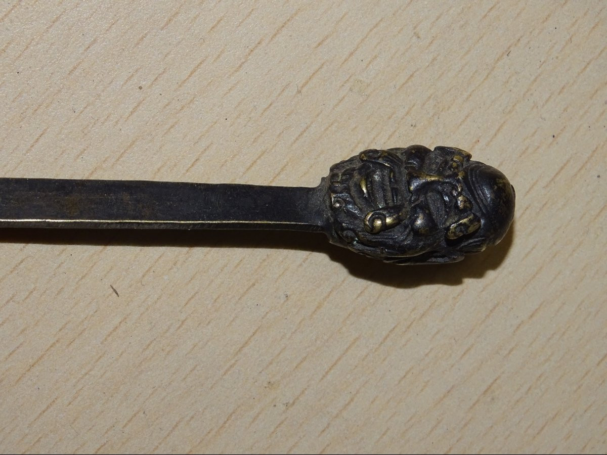 Serrure à luth chinoise en bronze XIXe siècle, clé motif dragon et phénix-photo-2