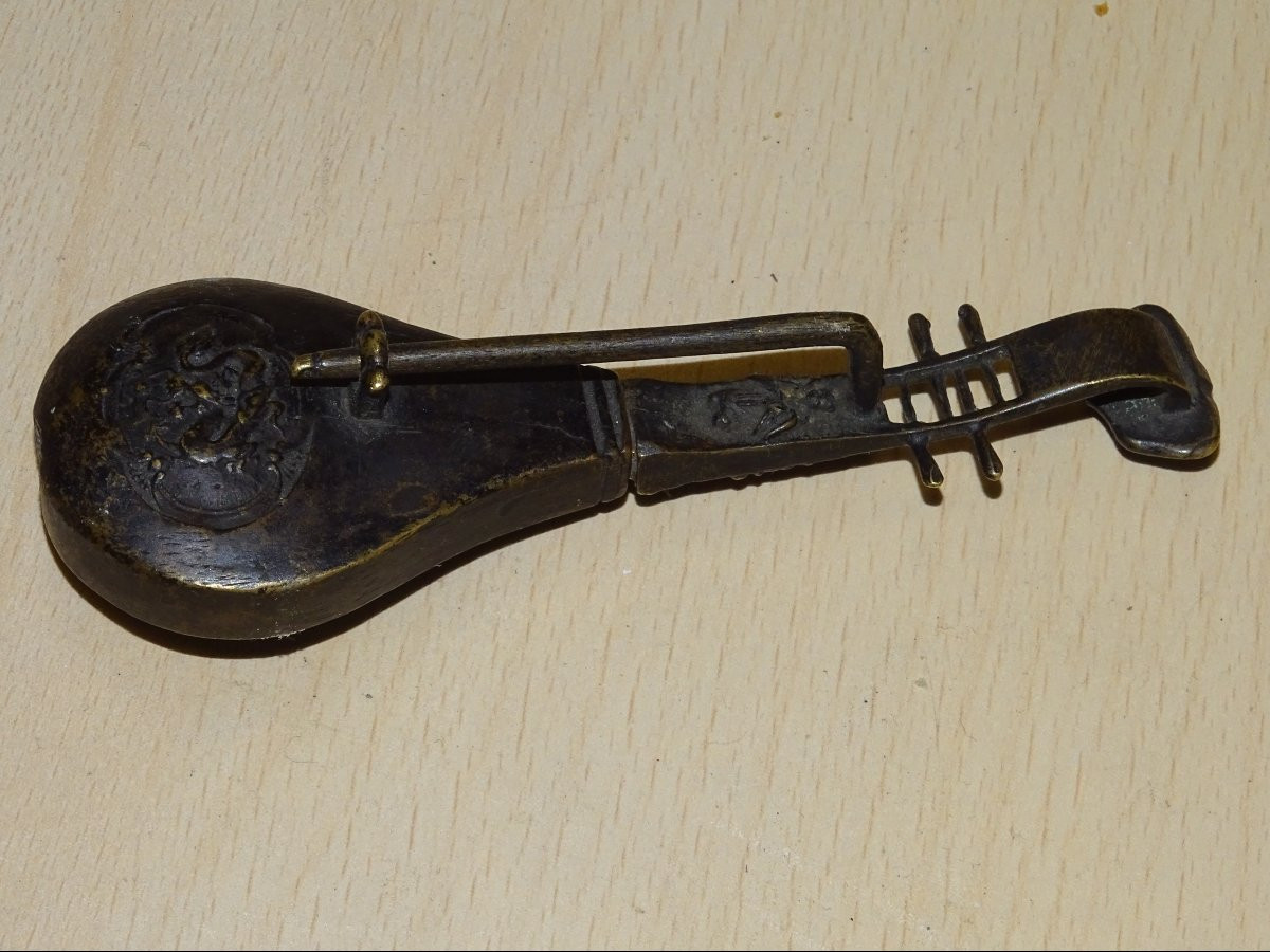 Serrure à luth chinoise en bronze XIXe siècle, clé motif dragon et phénix-photo-3