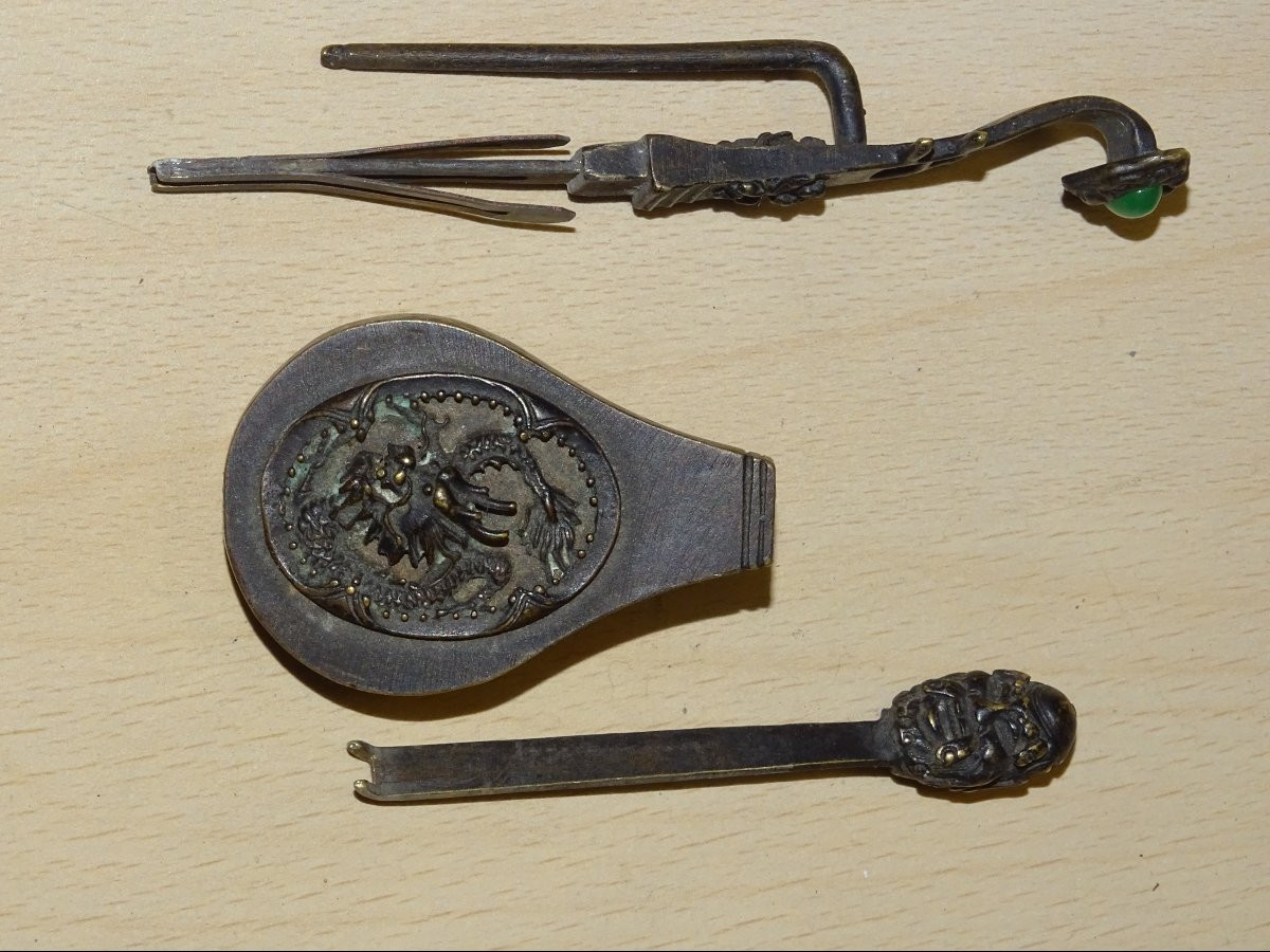 Serrure à luth chinoise en bronze XIXe siècle, clé motif dragon et phénix-photo-6