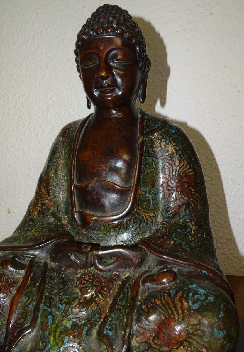 Seated Buddha In Cloisonné Bronze Or Champlevé Enamel, Japan, Edo, 19th Century-photo-4