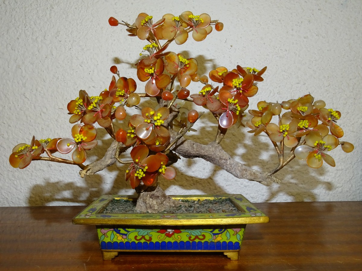 Arbre de vie cornaline et bronze cloisonné ou émaux champlevés, XIXème siècle
