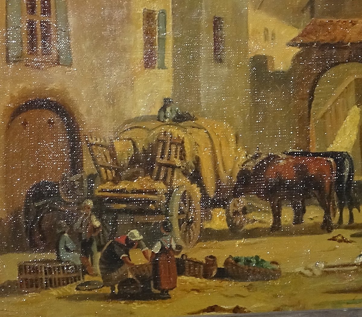 Tableau XIXème, Scène Animée De Cour De Ferme, huile sur toile, Volailles Et Personnages-photo-2