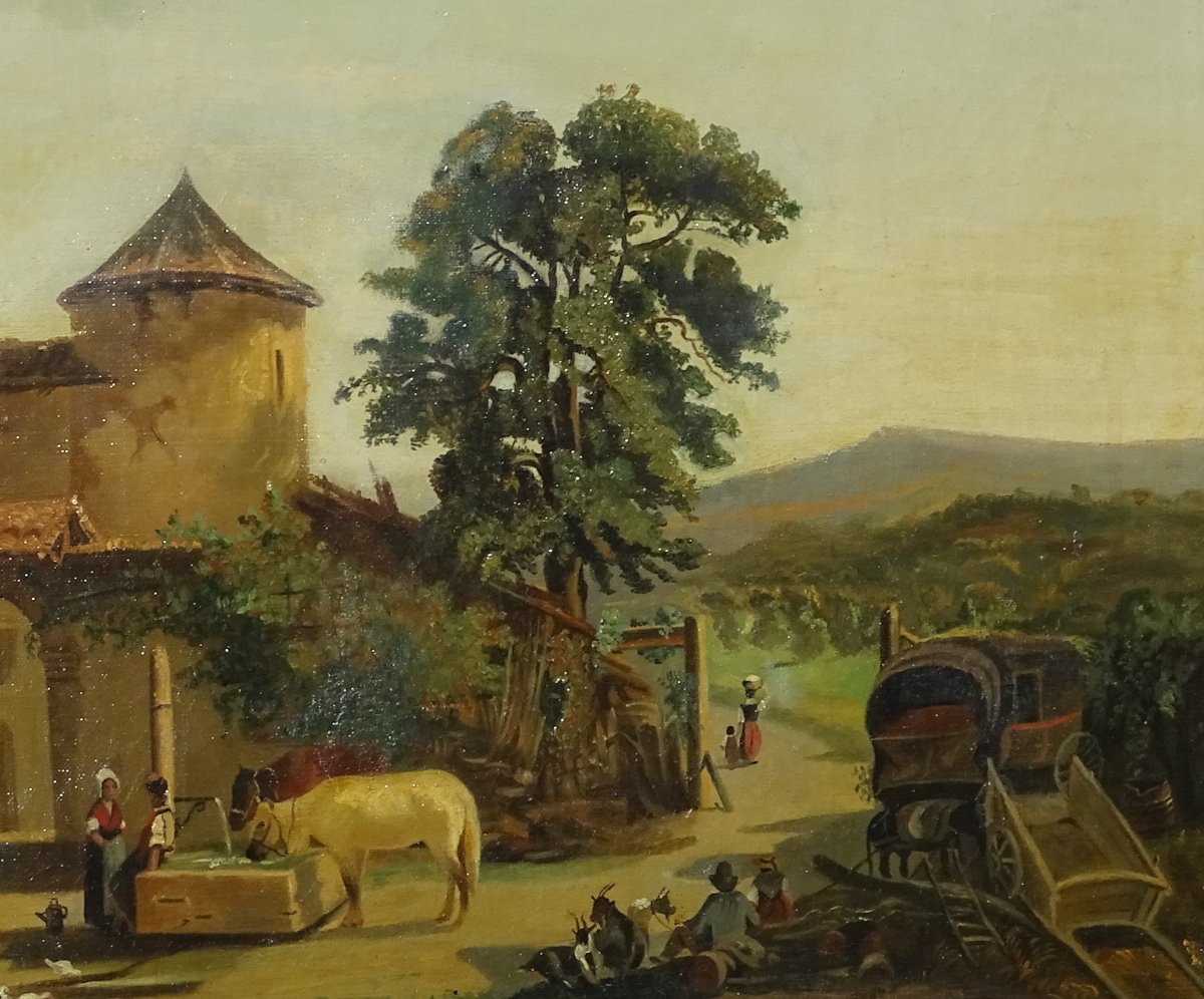 Tableau XIXème, Scène Animée De Cour De Ferme, huile sur toile, Volailles Et Personnages-photo-3