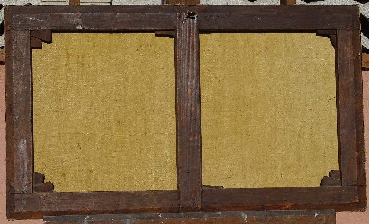 Tableau XIXème, Scène Animée De Cour De Ferme, huile sur toile, Volailles Et Personnages-photo-1