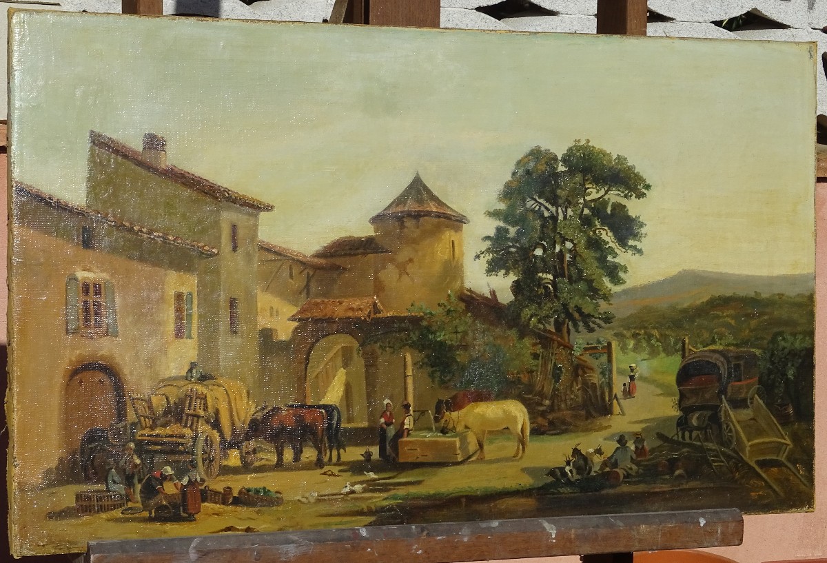 Tableau XIXème, Scène Animée De Cour De Ferme, huile sur toile, Volailles Et Personnages
