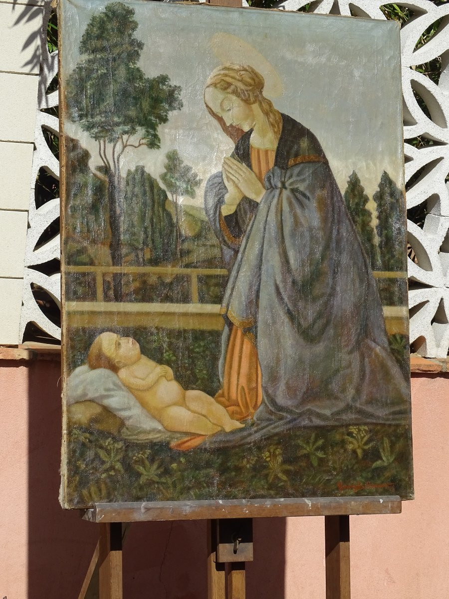 Vierge à l'enfant, Tableau, huile sur toile, signature a dechiffrer, XIX ème-photo-2