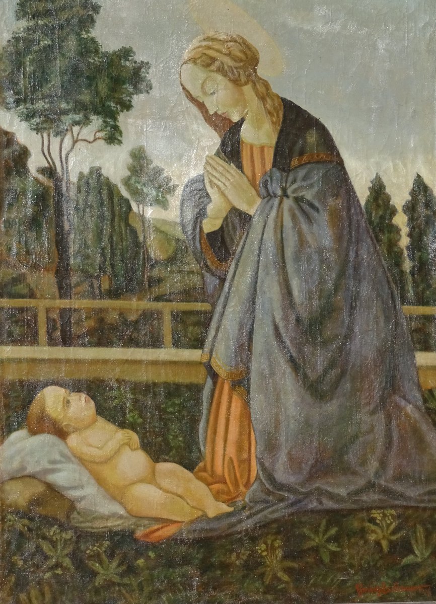 Vierge à l'enfant, Tableau, huile sur toile, signature a dechiffrer, XIX ème-photo-6