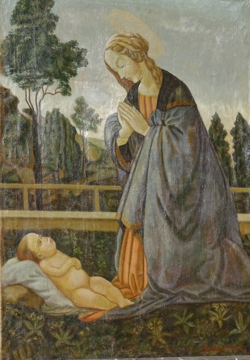 Vierge à l'enfant, Tableau, huile sur toile, signature a dechiffrer, XIX ème