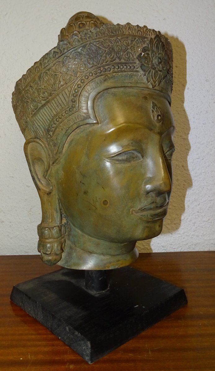 Vishnu Buddha Head In Bronze, Khmer, Cambodia, 40 Cm-photo-2