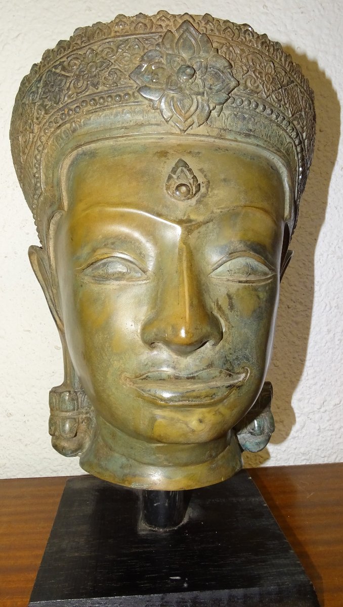 Vishnu Buddha Head In Bronze, Khmer, Cambodia, 40 Cm-photo-3