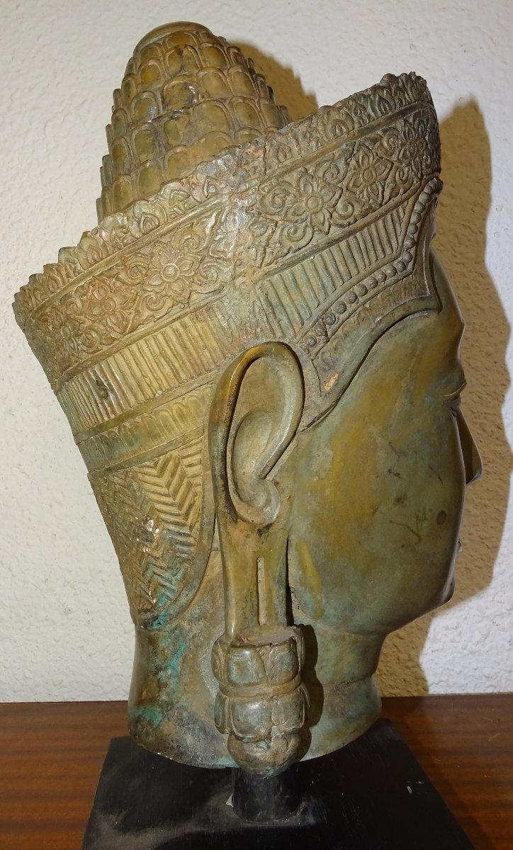 Vishnu Buddha Head In Bronze, Khmer, Cambodia, 40 Cm-photo-4