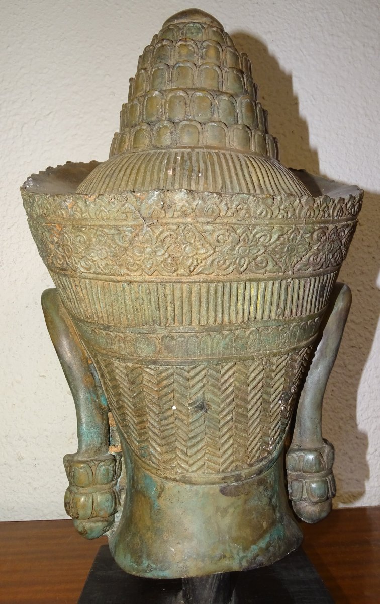 Vishnu Buddha Head In Bronze, Khmer, Cambodia, 40 Cm-photo-1
