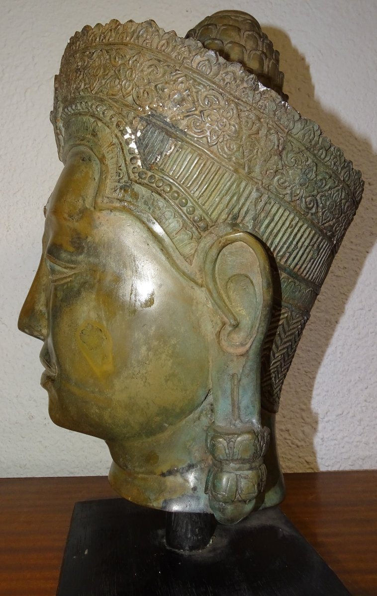 Vishnu Buddha Head In Bronze, Khmer, Cambodia, 40 Cm-photo-2