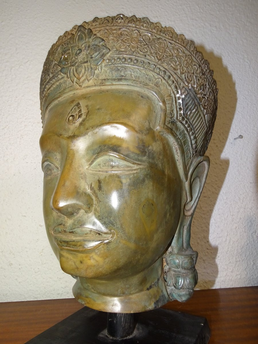Vishnu Buddha Head In Bronze, Khmer, Cambodia, 40 Cm-photo-4