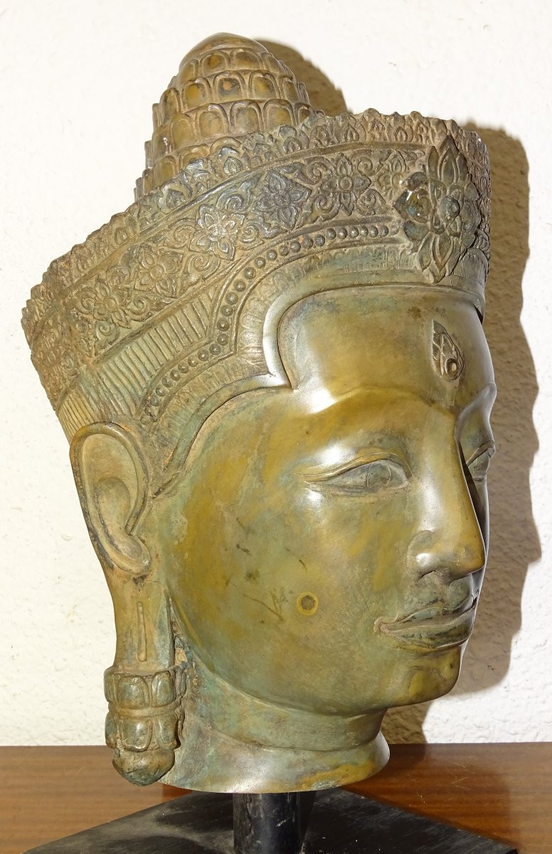 Vishnu Buddha Head In Bronze, Khmer, Cambodia, 40 Cm-photo-5