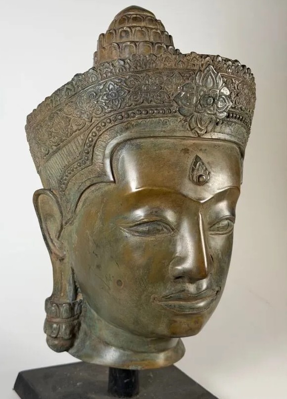 Vishnu Buddha Head In Bronze, Khmer, Cambodia, 40 Cm
