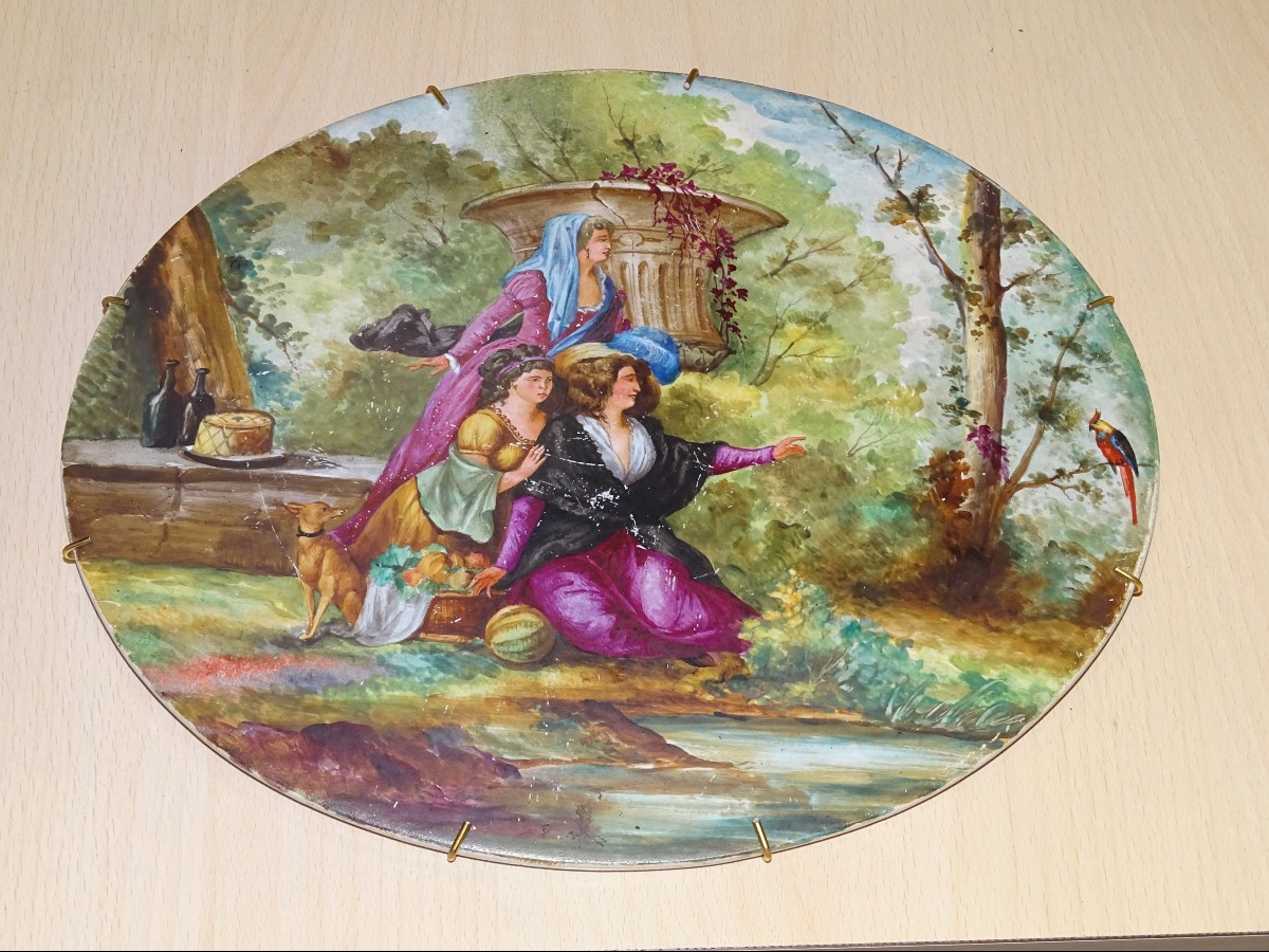 plaque en faience de longwy peinte a decor de parc animé