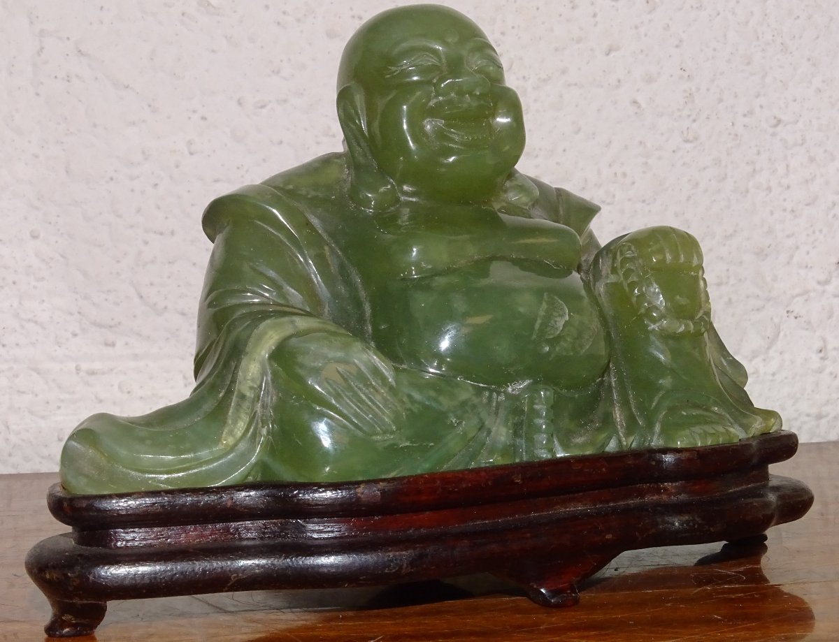 Antique Jade Sculpture, Laughing Buddha, Early 20th Century, China-photo-3