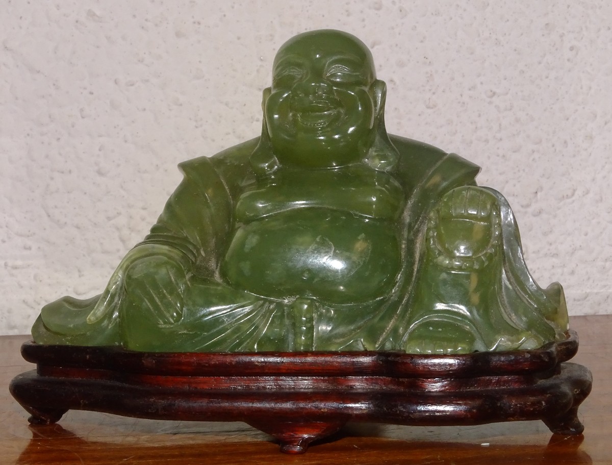 Antique Jade Sculpture, Laughing Buddha, Early 20th Century, China